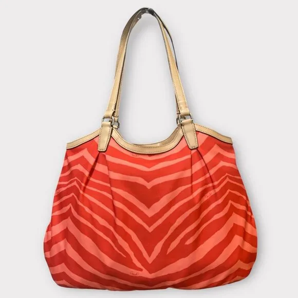 Coach Devin Shoulder Bag F24022 Orange Animal Print Canvas Tan Leather Tote - Picture 3 of 7